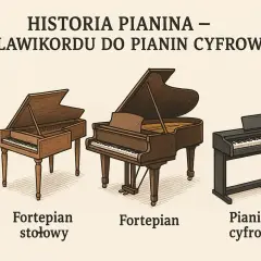 Ewolucja instrumentów klawiszowych: od klawikordu, przez fortepian stołowy i fortepian, aż po pianino cyfrowe – przodek fortepianu w nowoczesnej odsłonie.