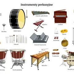 Ilustracja przedstawia podział instrumentów perkusyjnych: bębny, ksylofon, czelestę, dzwony, talerze, kastaniety, gong, tam-tam, wibrafon, pudelka, trójkąt i komplet jazzowy.