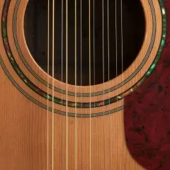 Zbliżenie na gitarę 12 strunową, widoczne dwanaście strun, rozetę z masy perłowej i czerwony pickguard. Strojenie gitary 12 strunowej to wyzwanie.