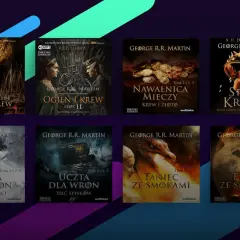 Kolekcja książek i audiobooków z serii "Gra o Tron" George'a R.R. Martina, w tym "Ogień i Krew" oraz "Taniec ze Smokami".