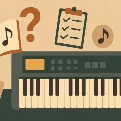 Ręka wskazuje na elektroniczny instrument klawiszowy, obok nuty, znaki zapytania i listę zadań.