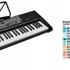 Czarny keyboard z nutami i schematami akordów i gam na pianinie. Idealny do nauki gry na keyboardzie.