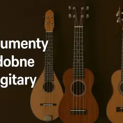 Trzy instrumenty strunowe, podobne do gitary: mandolina, ukulele tenorowe i ukulele sopranowe, na ciemnym tle.