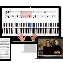 Nauka gry na pianinie z **Beethoven dla dzieci**. Na ekranach nuty, wirtualne klawisze i lekcje z nauczycielami.