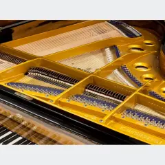 Wnętrze fortepianu C. Bechstein, widok na struny, młoteczki i złotą ramę. Detale budowy fortepianu.