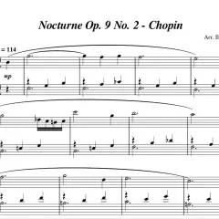 Nuty Chopina: "Nokturn op. 9 nr 2" w aranżacji Ilaria Roberti. Delikatne dźwięki fortepianu, tempo J = 114, dynamika mp.