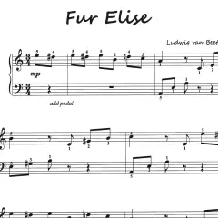 Fragment partytury "Für Elise" Ludwiga van Beethovena, z widocznymi nutami i oznaczeniami.
