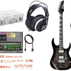 Przykłady instrumentów elektronicznych: gitara elektryczna, słuchawki, interfejs audio, oprogramowanie muzyczne.