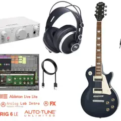 Potrzebne do gitary elektrycznej: gitara, słuchawki, interfejs audio, kable, oprogramowanie muzyczne (DAW, wtyczki).