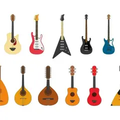 Kolekcja instrumentów strunowych szarpanych: gitary akustyczne, elektryczne, basowe, banjo, mandoliny, lutnia i bałałajka.