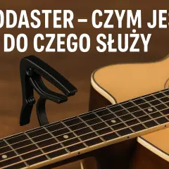 Czarny kapodaster na gryfie gitary akustycznej. Dowiedz się, kapodaster co to i do czego służy.