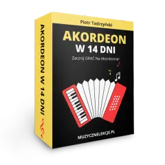 Okładka kursu "Akordeon w 14 dni" z grafiką akordeonu. Naucz się grać na tym wspaniałym instrumencie!