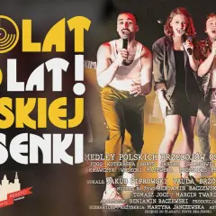 Sto lat kalimba" - zespół śpiewa polskie przeboje. Na plakacie widać artystów na scenie, z napisem "Sto lat polskiej piosenki".