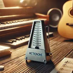 Metronom inaczej, otoczony instrumentami: pianinem, gitarą i nutami. Idealne miejsce do ćwiczeń muzycznych.