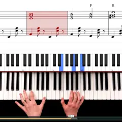 Nuty na pianino, akordy Am, F, E. Dłonie grające melodię.