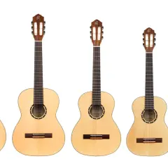 Rząd gitar klasycznych o różnej wielkości. Najmniejsza gitara 3/4 idealna dla dziecka lub osoby o drobnej budowie.