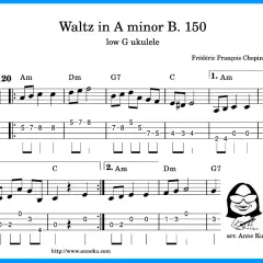 Fragment nut Chopina "Walc a-moll" na ukulele z tabulaturą i karykaturą.