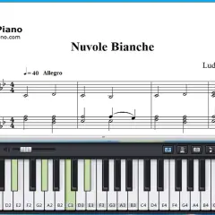 Nuty "Nuvole Bianche" Ludovico Einaudi na ekranie programu Everyone Piano. Wirtualna klawiatura podświetla klawisze.