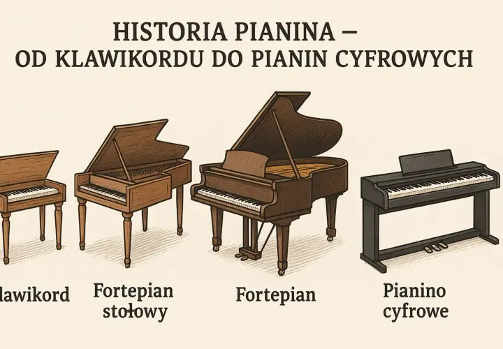 Ewolucja instrumentów klawiszowych: od klawikordu, przez fortepian stołowy i fortepian, aż po pianino cyfrowe – przodek fortepianu w nowoczesnej odsłonie.