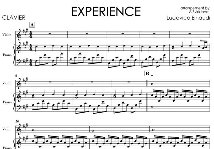 Partytura "Experience" Ludovico Einaudi. Nuty dla skrzypiec i fortepianu, z sekcjami A i B. Wspaniałe doświadczenie muzyczne.