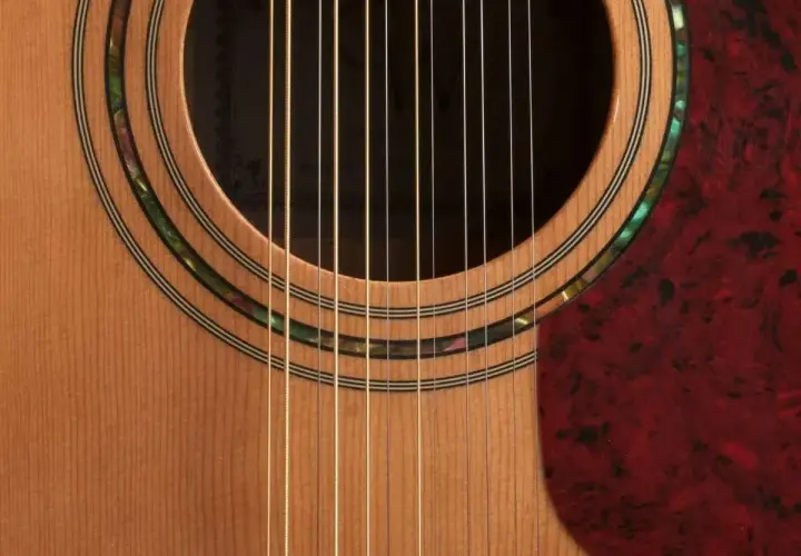 Zbliżenie na gitarę 12 strunową, widoczne dwanaście strun, rozetę z masy perłowej i czerwony pickguard. Strojenie gitary 12 strunowej to wyzwanie.