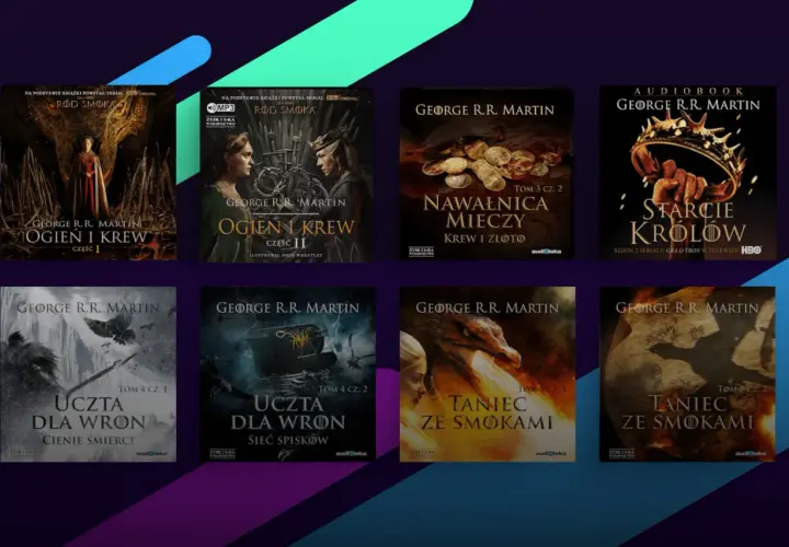 Kolekcja książek i audiobooków z serii "Gra o Tron" George'a R.R. Martina, w tym "Ogień i Krew" oraz "Taniec ze Smokami".