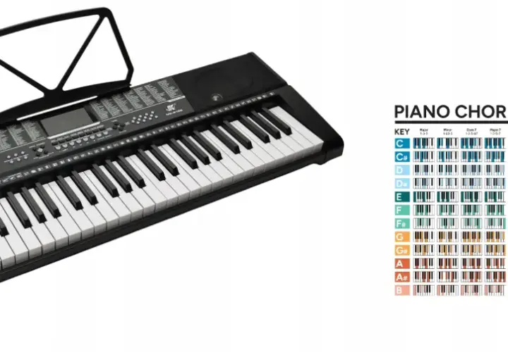 Czarny keyboard z nutami i schematami akordów i gam na pianinie. Idealny do nauki gry na keyboardzie.