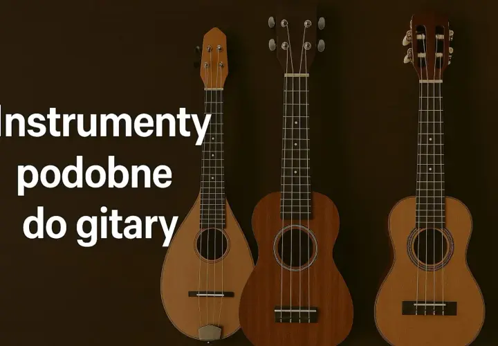 Trzy instrumenty strunowe, podobne do gitary: mandolina, ukulele tenorowe i ukulele sopranowe, na ciemnym tle.