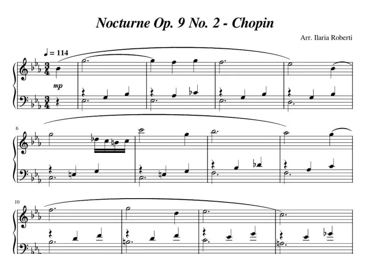 Nuty Chopina: "Nokturn op. 9 nr 2" w aranżacji Ilaria Roberti. Delikatne dźwięki fortepianu, tempo J = 114, dynamika mp.