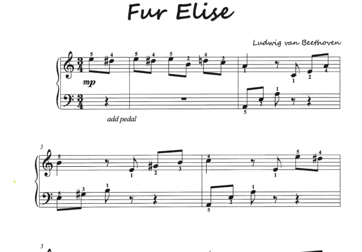 Fragment partytury "Für Elise" Ludwiga van Beethovena, z widocznymi nutami i oznaczeniami.