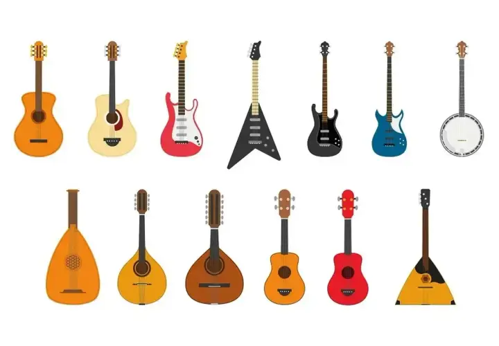 Kolekcja instrumentów strunowych szarpanych: gitary akustyczne, elektryczne, basowe, banjo, mandoliny, lutnia i bałałajka.