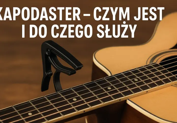 Czarny kapodaster na gryfie gitary akustycznej. Dowiedz się, kapodaster co to i do czego służy.