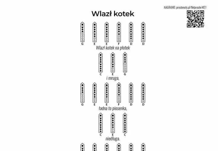 Zapis nutowy piosenki "Wlazł kotek na płotek" na flet prosty. Kalimba nie jest widoczna.
