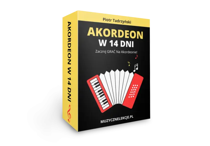 Okładka kursu "Akordeon w 14 dni" z grafiką akordeonu. Naucz się grać na tym wspaniałym instrumencie!