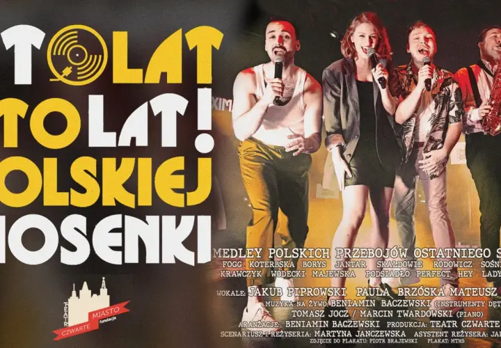 Sto lat kalimba" - zespół śpiewa polskie przeboje. Na plakacie widać artystów na scenie, z napisem "Sto lat polskiej piosenki".