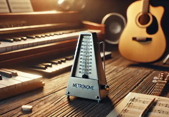 Metronom inaczej, otoczony instrumentami: pianinem, gitarą i nutami. Idealne miejsce do ćwiczeń muzycznych.