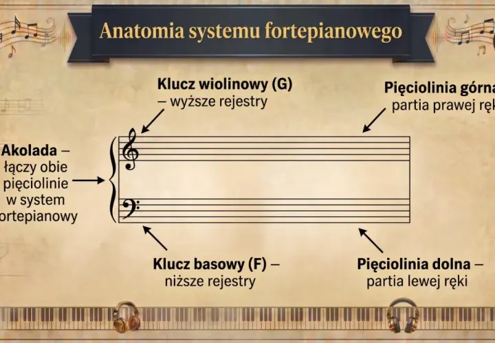 System fortepianowy: klucz wiolinowy (G) dla wyższych rejestrów, klucz basowy (F) dla niższych. Akolada łączy obie pięciolinie. Każda pięciolinia to partia ręki. Nuta znak.