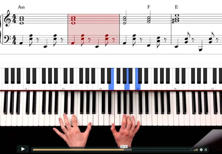 Nuty na pianino, akordy Am, F, E. Dłonie grające melodię.