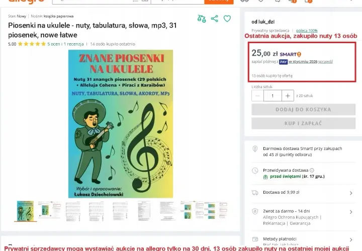 Książka z polskimi piosenkami na ukulele: nuty, tabulatury, akordy i mp3. Idealna dla początkujących.