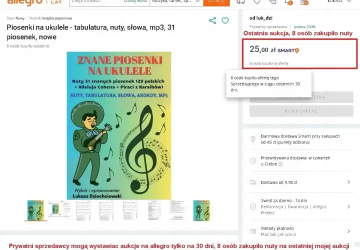 Książka z nutami, tabulaturą i słowami 31 piosenek na ukulele. Idealna dla początkujących i zaawansowanych.