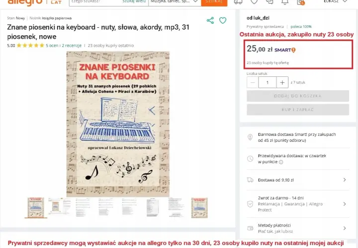 Książka z nutami, słowami i akordami do gry na keyboardzie. Zawiera 31 znanych piosenek.