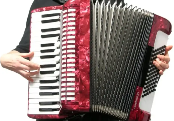 Ręce grają na czerwonym akordeonie. Widoczna klawiatura i miech, ukazujące budowę instrumentu.