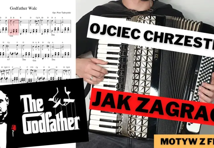 Nuty "Ojciec Chrzestny Walc" i akordeonista grający motyw z filmu. Kompozytor muzyki z filmu "Ojciec Chrzestny" w akcji.