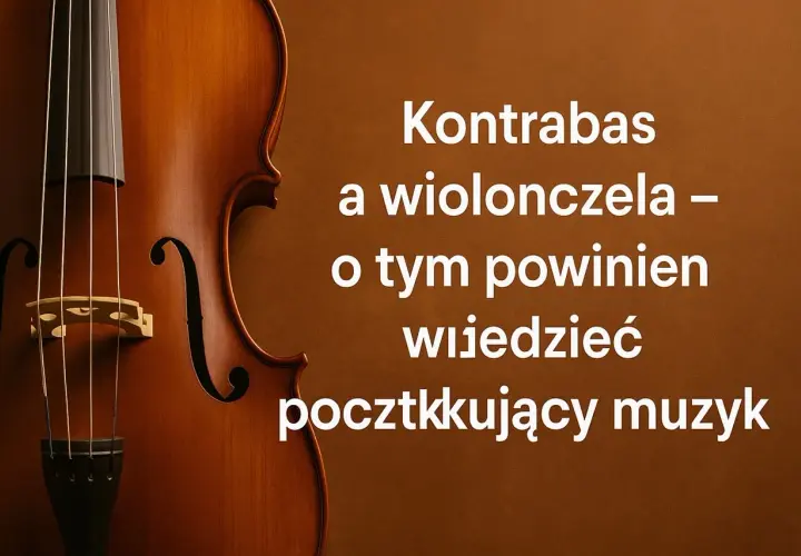 Zbliżenie na kontrabas, instrument z czterema strunami, obok tekst o różnicach między nim a wiolonczelą dla początkujących muzyków.