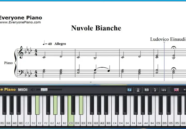 Nuty "Nuvole Bianche" Ludovico Einaudi na ekranie programu Everyone Piano. Wirtualna klawiatura podświetla klawisze.