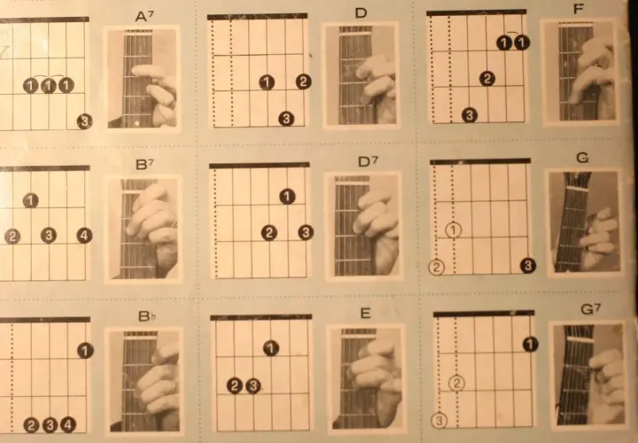 Diagramy akordów gitarowych i zdjęcia dłoni pokazujące, jak czytać akordy.