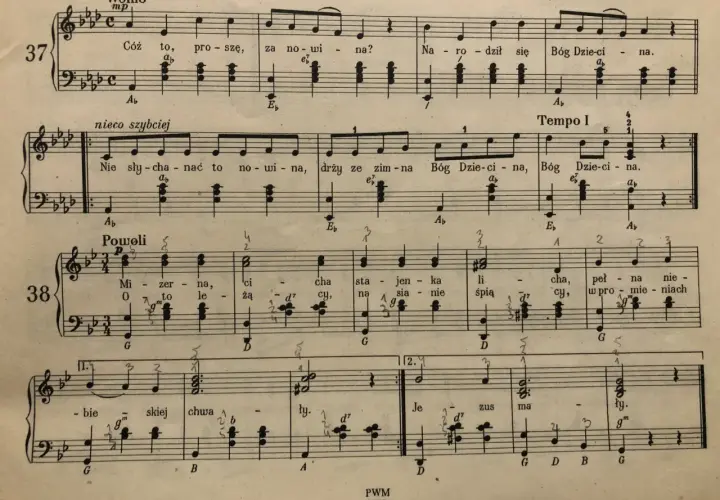Nuty z oznaczeniem "pianissimo" w utworze "Wolno", gdzie melodia płynie delikatnie, jak szept.