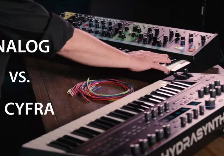 Ręce grają na dwóch syntezatorach: analogowym i cyfrowym. Co to jest syntezator? To instrument tworzący dźwięki.
