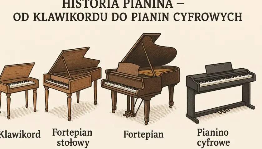 Ewolucja instrumentów klawiszowych: od klawikordu, przez fortepian stołowy i fortepian, aż po pianino cyfrowe – przodek fortepianu w nowoczesnej odsłonie.