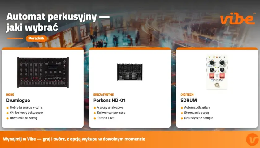 Trzy automaty perkusyjne: Korg Drumlogue, Erica Synths Perkons HD-01 i Digitech SDRUM. Wybierz swój idealny sprzęt do tworzenia rytmów.